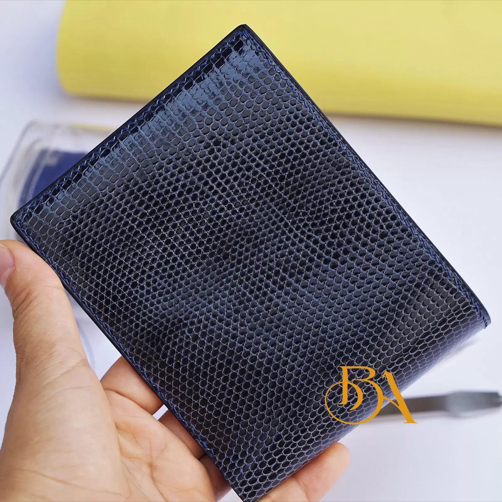 Handmade Dark Blue lizard leather bifold wallet for men (27)