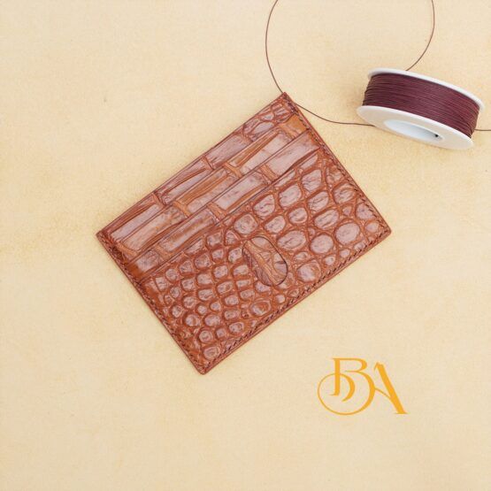 Gold Brown Alligator credit card holder, Genuine leather card wallet handcrafted VWL111
