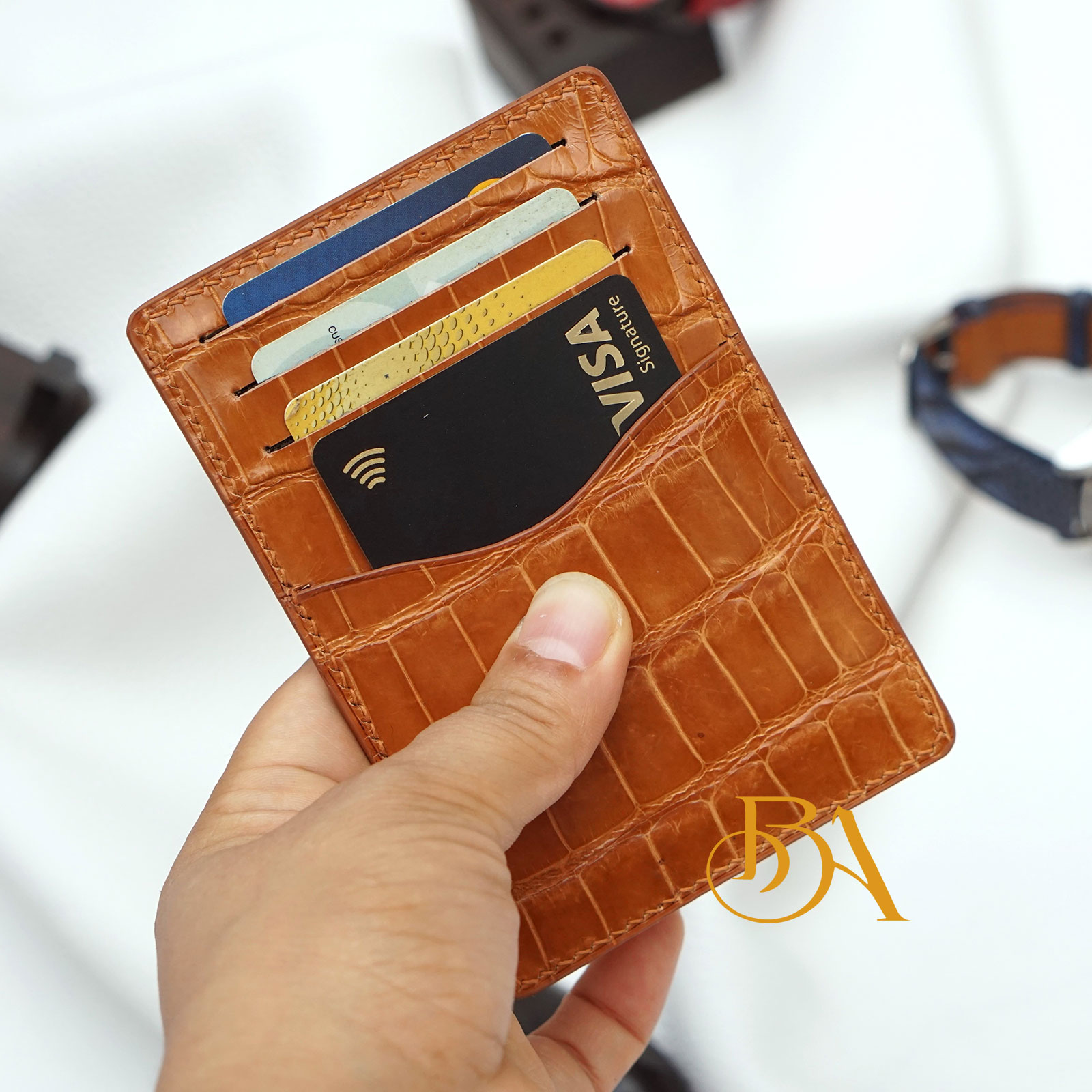 golden brown alligator leather credit card holder (4)