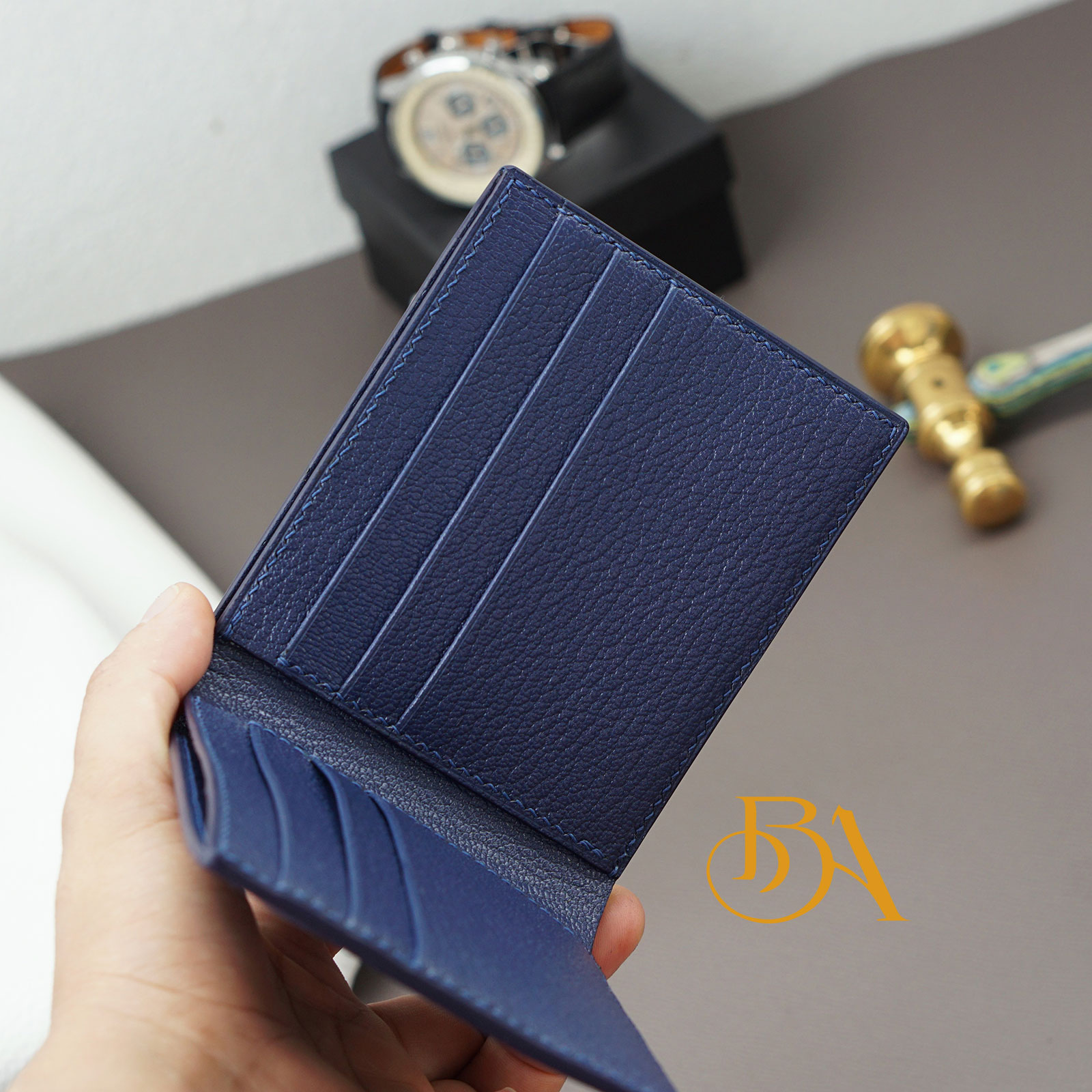 Handmade Goat bifold wallet, Navy Blue Alran Sully leather wallet WL052