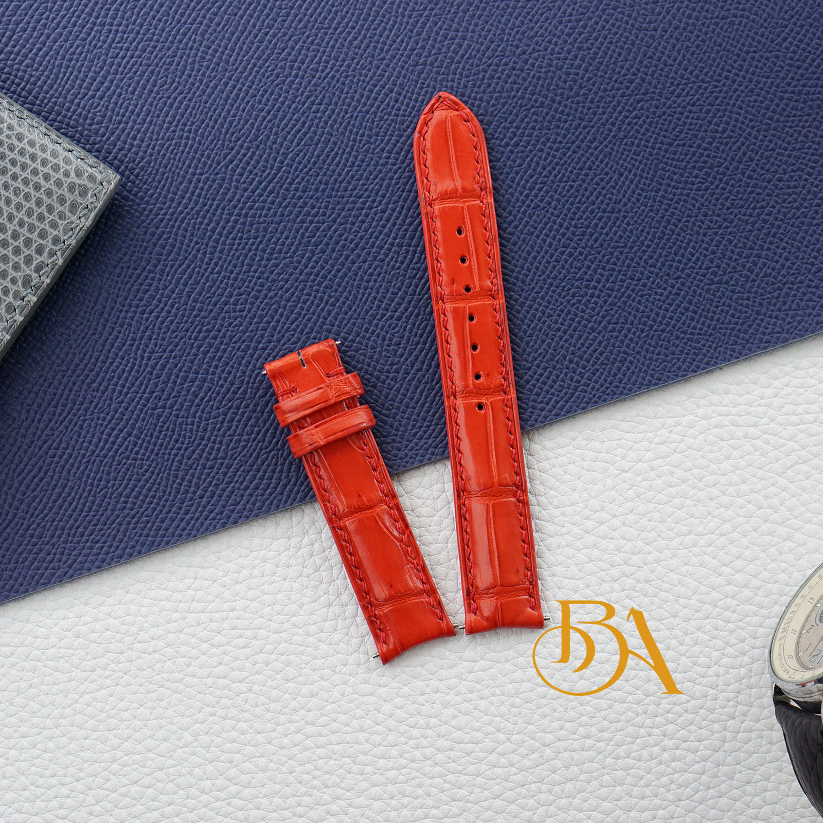 Curved end Red Alligator leather watch strap SW345