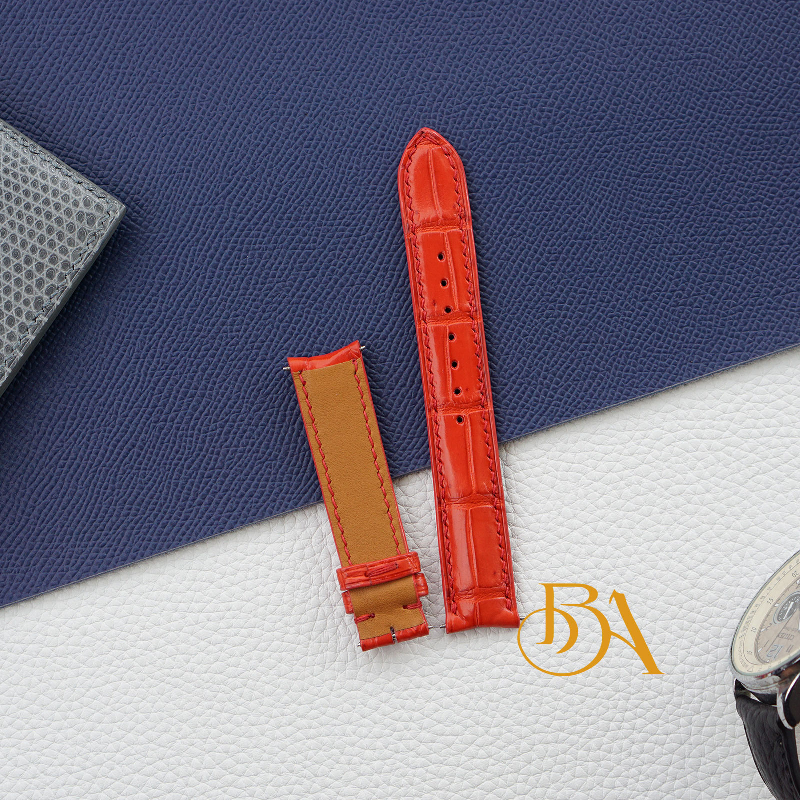 Curved end Red Alligator leather watch strap SW345