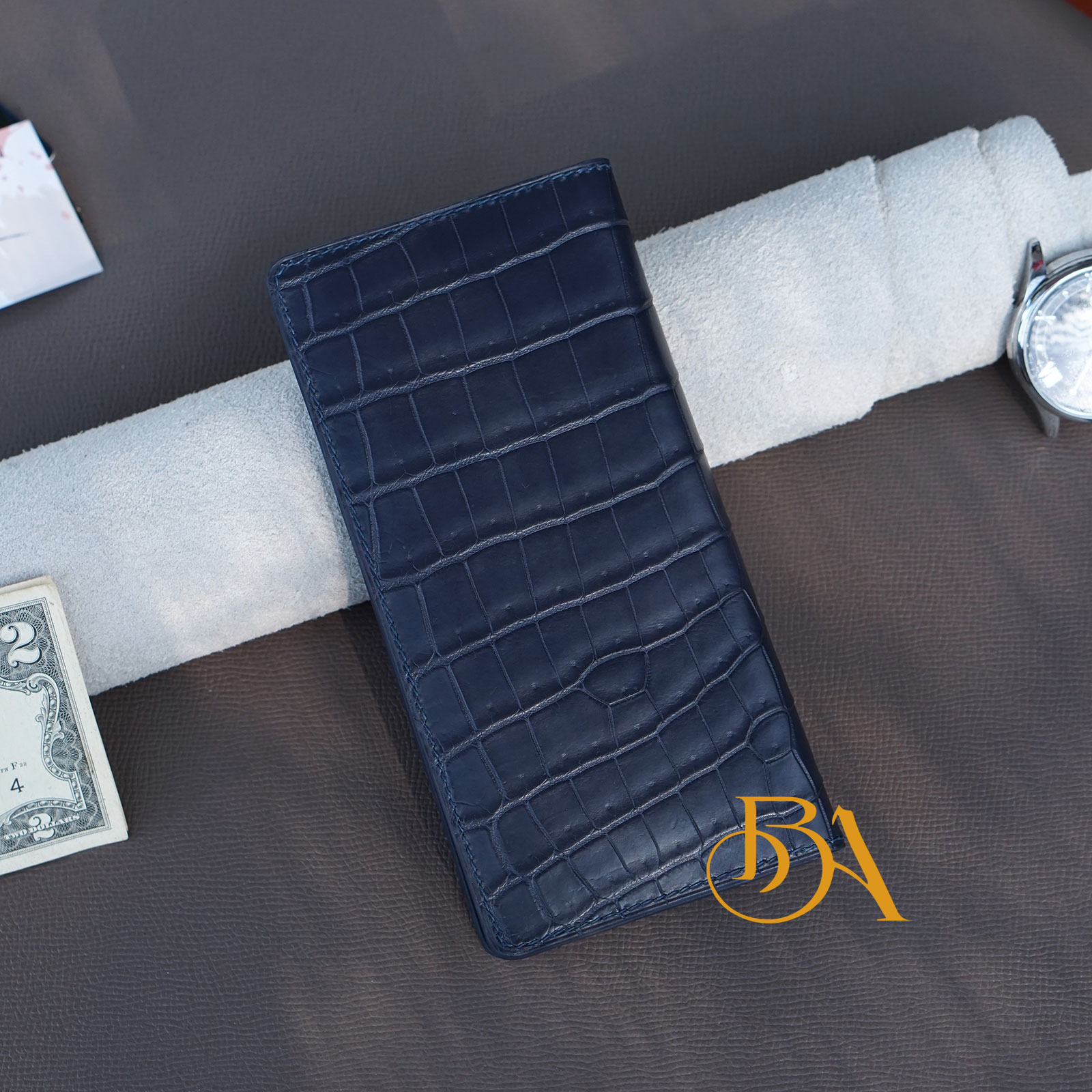 Dark blue Alligator leather long wallet handcrafted AWL286